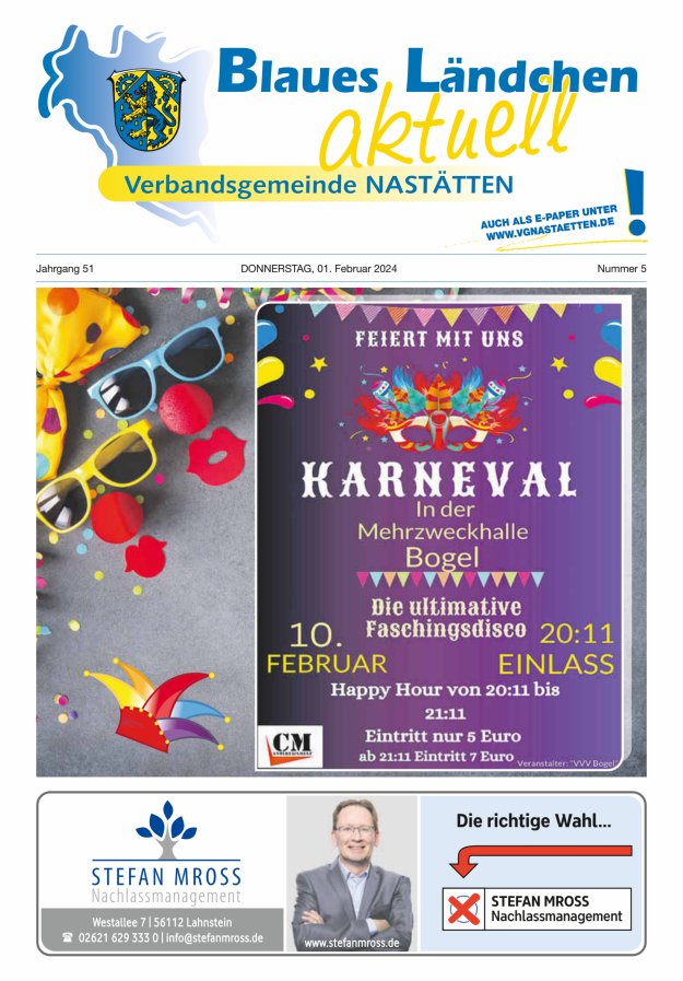 Blaues Ländchen aktuell - Heimat- u Bürgerzeitung VG Nastätten Titelblatt 05/2024