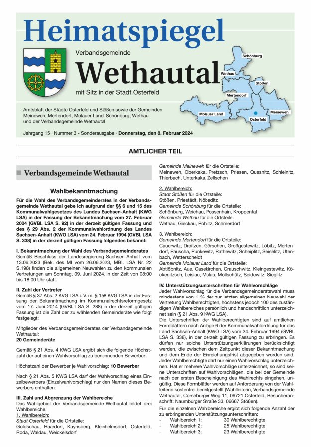 Heimatspiegel Verbandsgemeinde Wethautal mit Sitz in der Stadt Osterfeld Titelblatt 03/2024