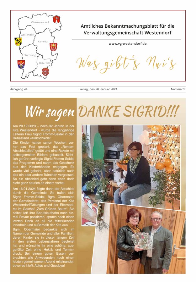 Was gibt's Nui's Amtliches Bekanntmachungsblatt für die VG Westendorf Titelblatt 02/2024