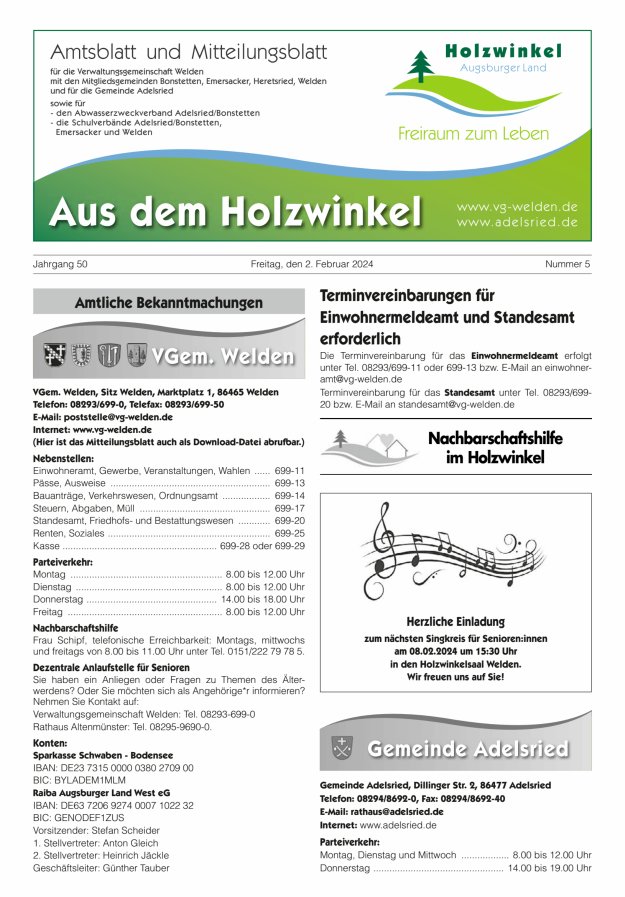 Aus dem Holzwinkel Amtsblatt u Mitteilungsblatt f VG Welden u GemAdelsried Titelblatt 05/2024