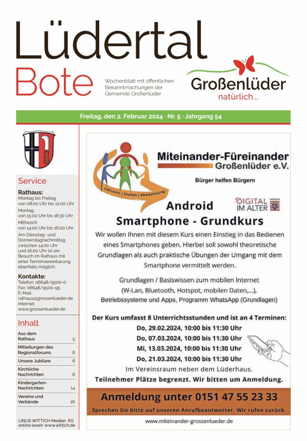 Wochenblatt mit öffentlichen Bekanntmachungen der Gemeinde Großenlüder Titelblatt 05/2024