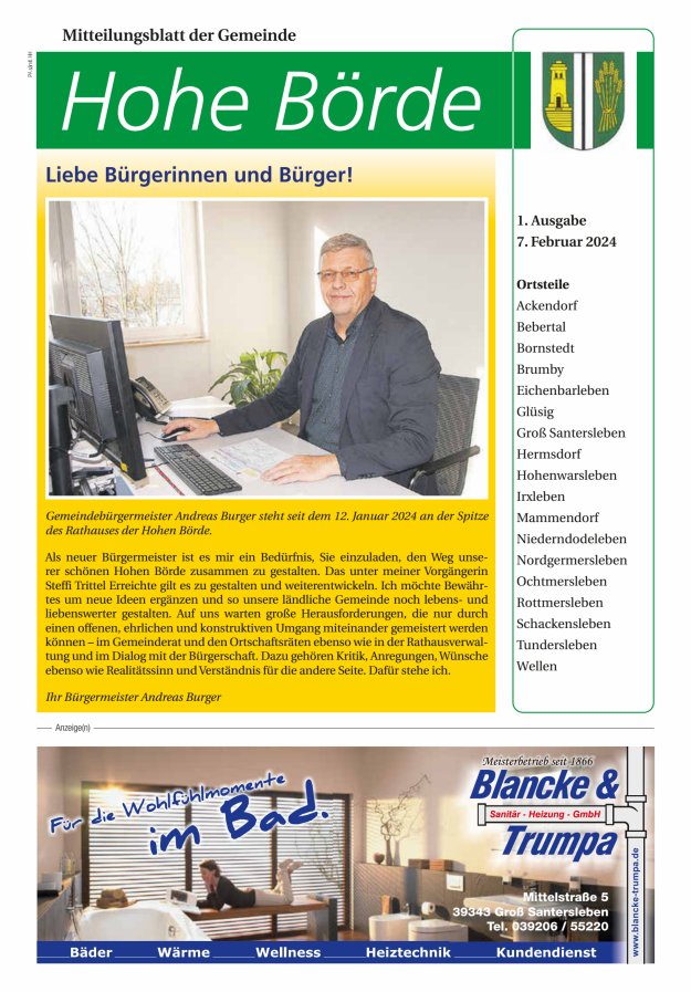 Amts- und Mitteilungsblatt der Gemeinde Hohe Börde Titelblatt 01/2024