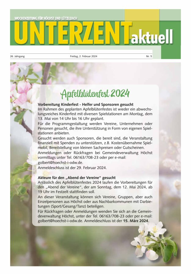 Unterzent aktuell Wochenzeitung für Höchst und Lützelbach Titelblatt 05/2024