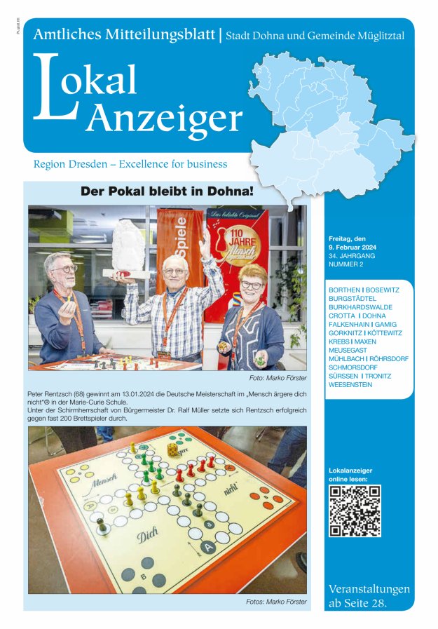 Lokal-Anzeiger – Amtliches Mitteilungsblatt Stadt Dohna und Gemeinde Müglitztal Titelblatt 02/2024