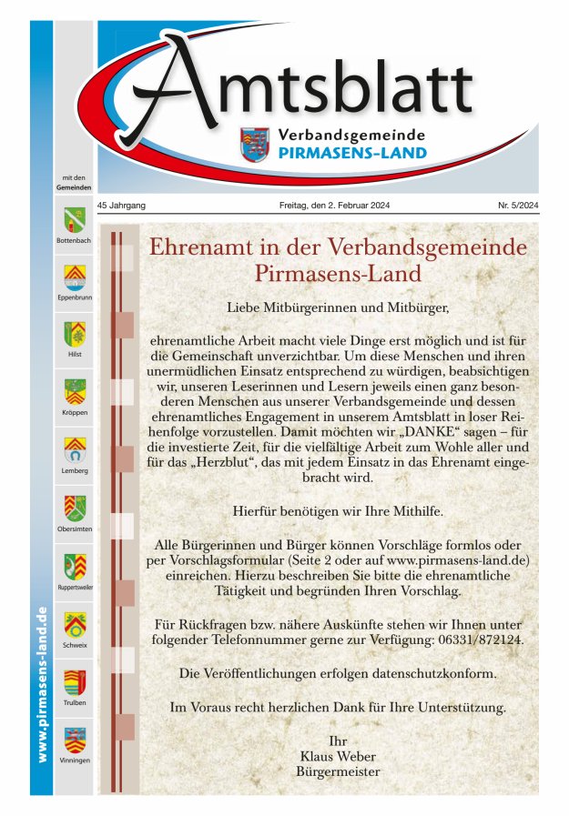 Amtsblatt VG Pirmasens-Land Titelblatt 05/2024