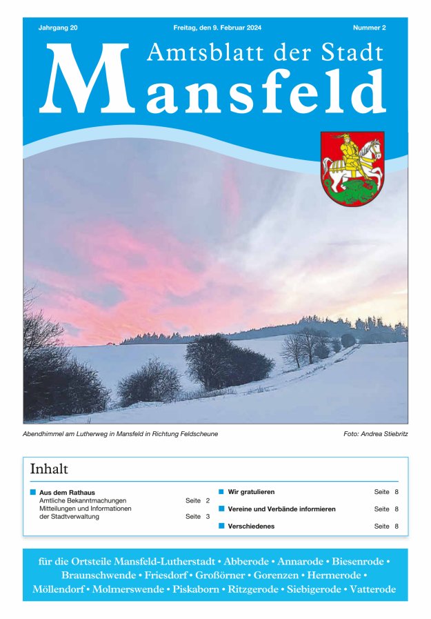 Amtsblatt der Stadt Mansfeld Titelblatt 02/2024