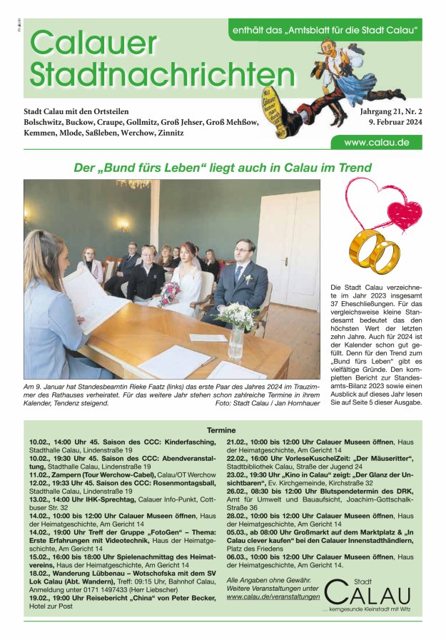 Calauer Stadtnachrichten  Titelblatt 02/2024