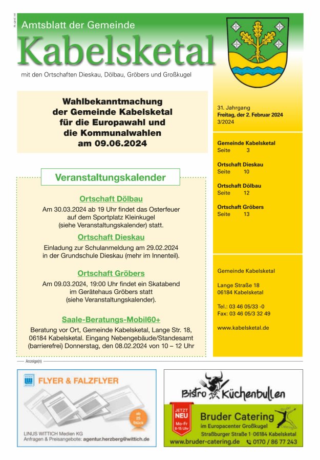 Amtsblatt der Gemeinde Kabelsketal mit den Ortsteilen Titelblatt 03/2024