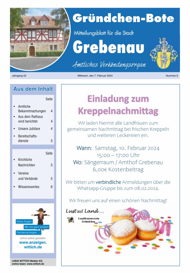 Grebenau - Gründchen Bote - Mitteilungsblatt für die Stadt Grebenau Titelblatt 06/2024