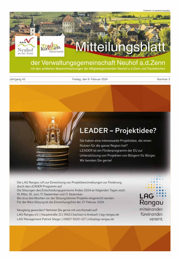 Mitteilungsblatt der Verwaltungsgemeinschaft Neuhof an der Zenn mit den amtlichen Bekanntmachungen der Mitgliedsgemeinden Neuhof an der Zenn und Trautskirchen Titelblatt 03/2024
