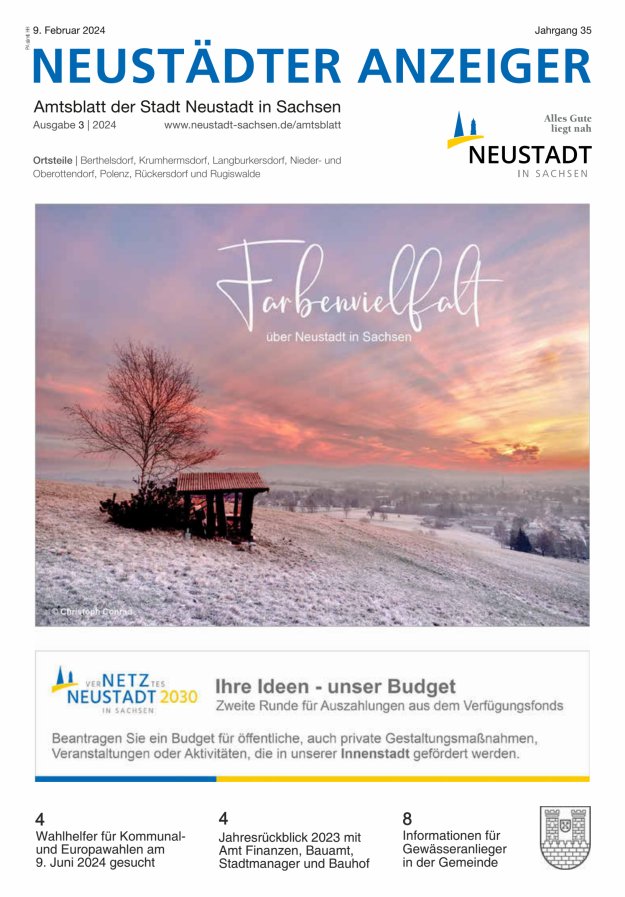 Neustädter Anzeiger - Amts- und Heimatblatt der Stadt Neustadt in Sachsen Titelblatt 03/2024