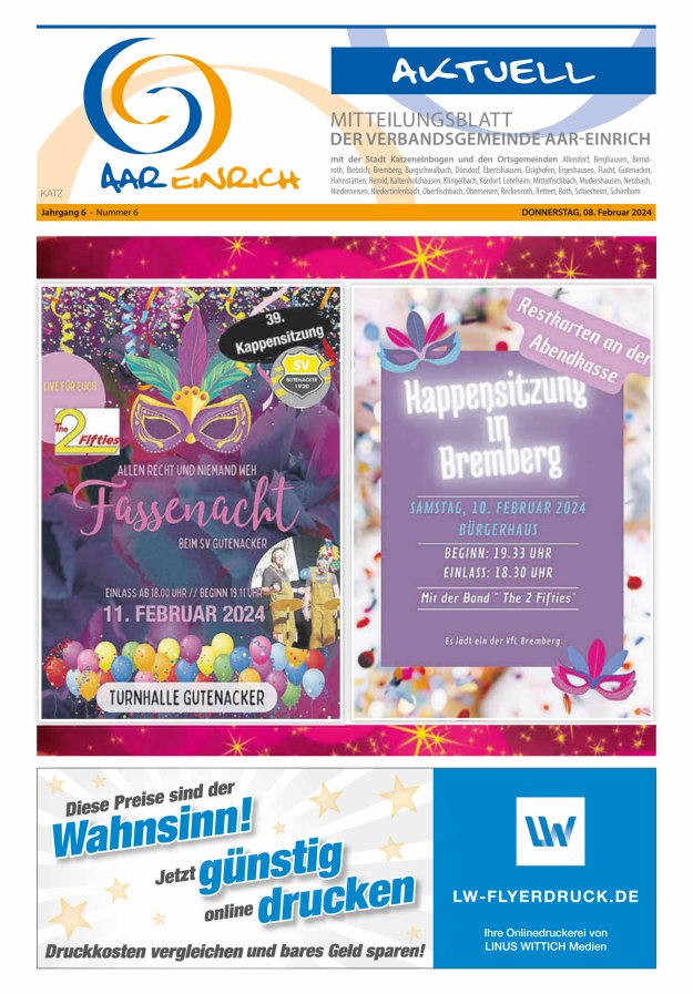 Mitteilungsblatt der Verbandsgemeinde Aar-Einrich Ausgabe Katzenelnbogen Titelblatt 06/2024