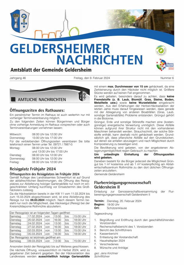 Geldersheimer Nachrichten Amtsblatt der Gemeinde Geldersheim Titelblatt 06/2024