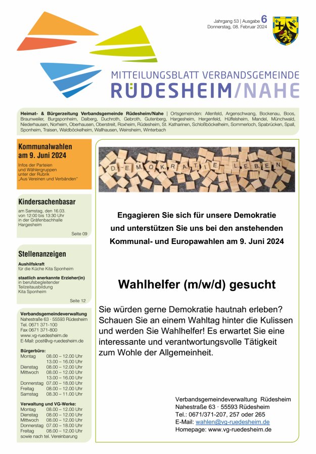 Mitteilungsblatt Verbandsgemeinde Rüdesheim und zugehörige Ortsgemeinden Titelblatt 06/2024