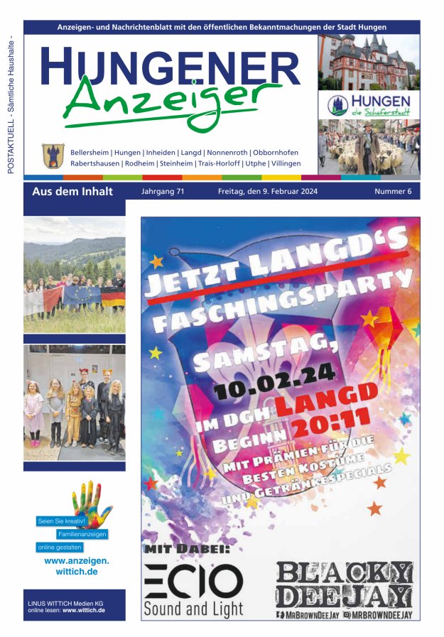 Anzeigen- und Nachrichtenblatt mit den öff  Bekanntmachungen der Stadt Hungen Titelblatt 06/2024