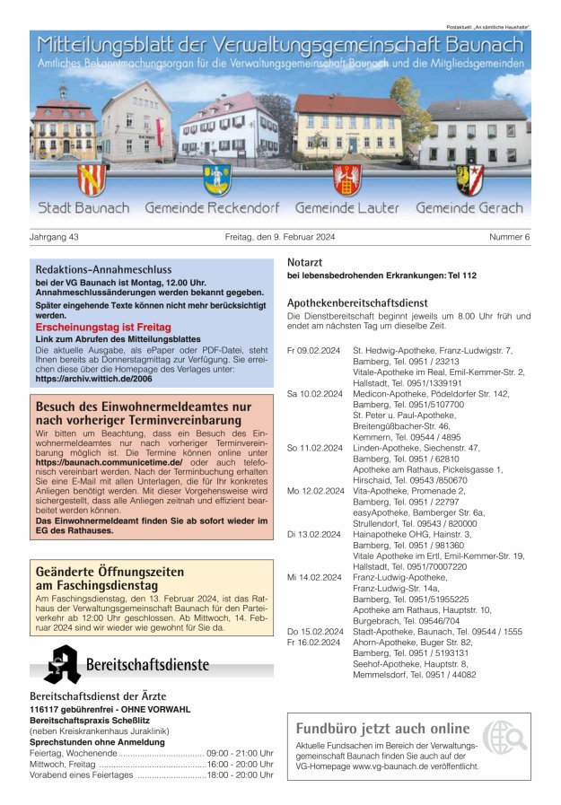 Mitteilungsblatt Verwaltungsgemeinschaft Baunach Titelblatt 06/2024