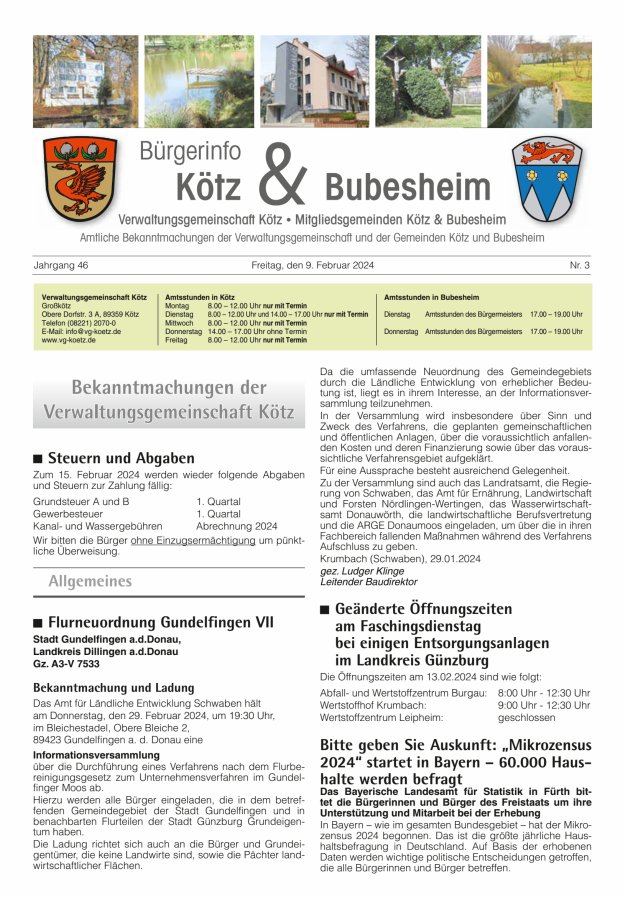Amtsblatt der VG Kötz und der Mitgliedsgemeinden Titelblatt 03/2024
