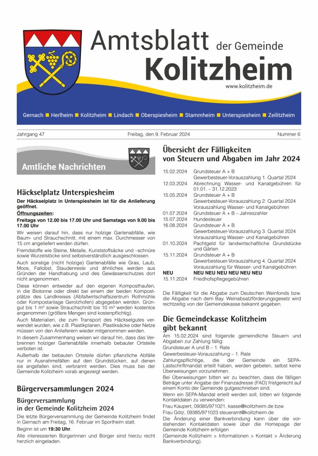 Amtsblatt der Gemeinde Kolitzheim Titelblatt 06/2024