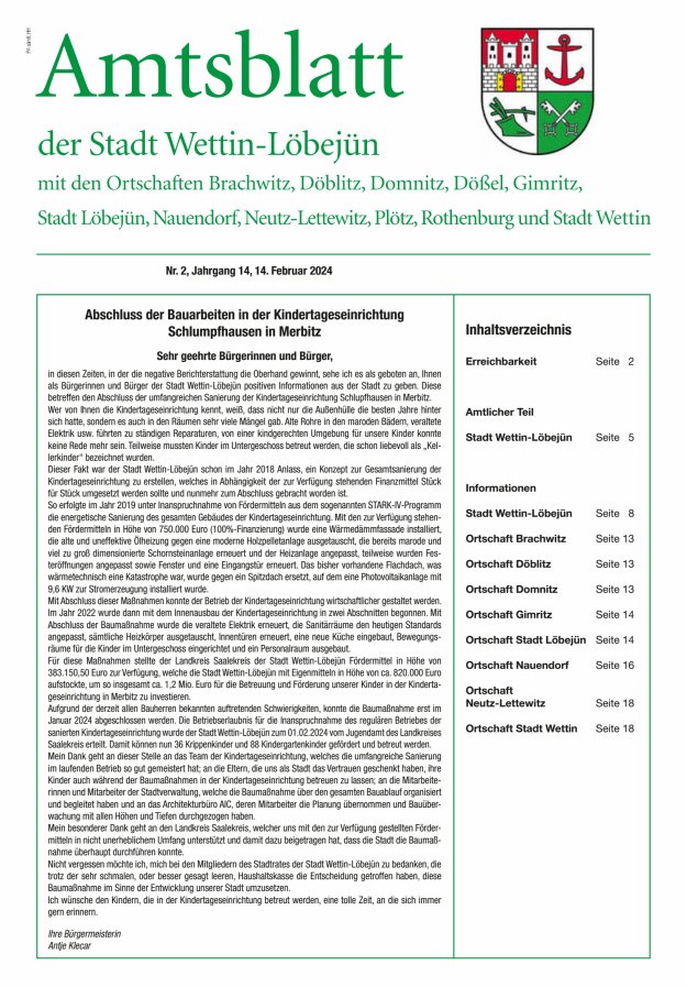 Amtsblatt der Stadt Wettin-Löbejün mit den Ortsteilen Titelblatt 02/2024