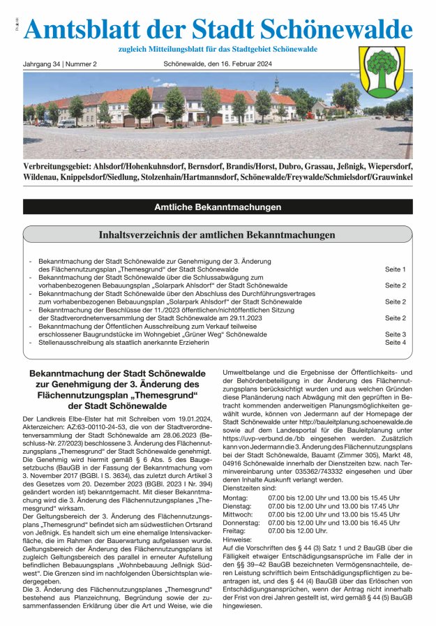 Amtsblatt der Stadt Schönewalde - Mitteilungsblatt für das Stadtgebiet Titelblatt 02/2024