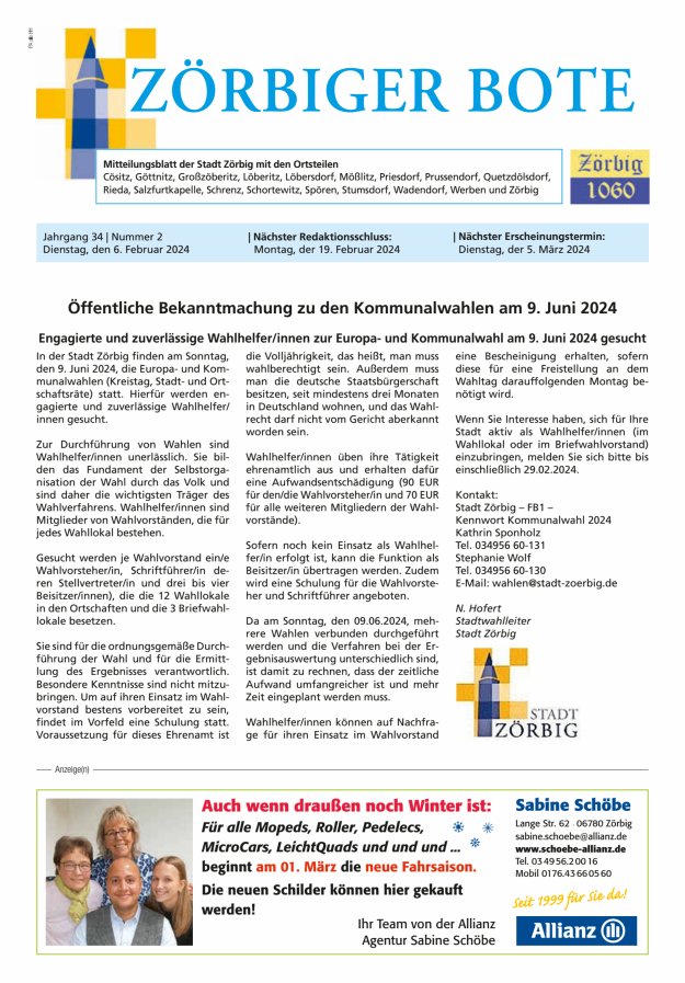 Zörbiger Bote – Mitteilungsblatt der Stadt Zörbig mit den Ortsteilen Titelblatt 02/2024