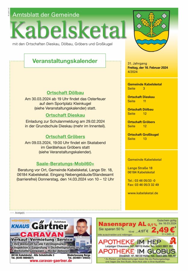Amtsblatt der Gemeinde Kabelsketal mit den Ortsteilen Titelblatt 04/2024