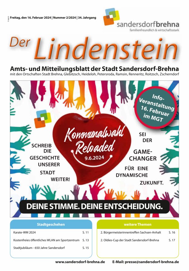 Der Lindenstein Amts- und Mitteilungsblatt der Stadt Sandersdorf-Brehna Titelblatt 02/2024