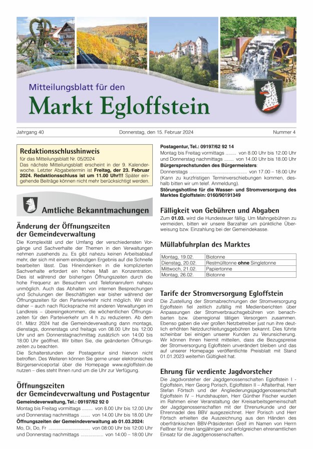 Mitteilungsblatt für den Markt Egloffstein Titelblatt 04/2024