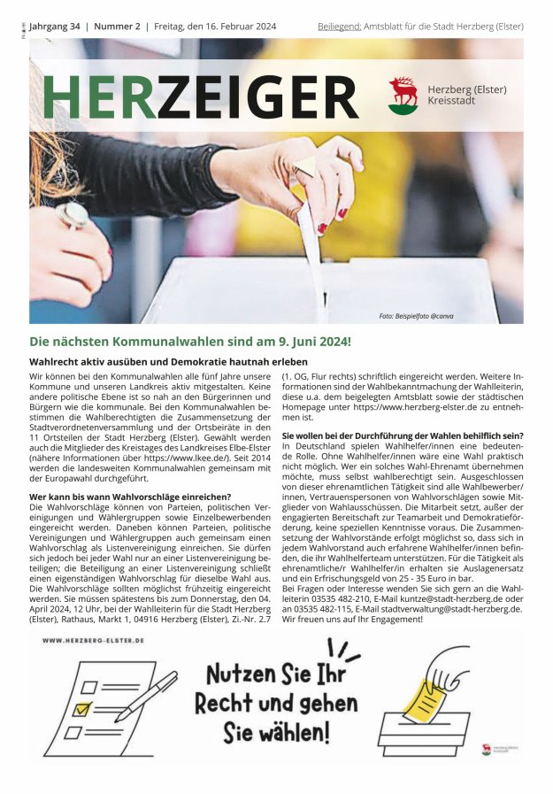 Amtsblatt für die Stadt Herzberg (Elster) mit Bekanntmachungen der Stadt  Titelblatt 02/2024