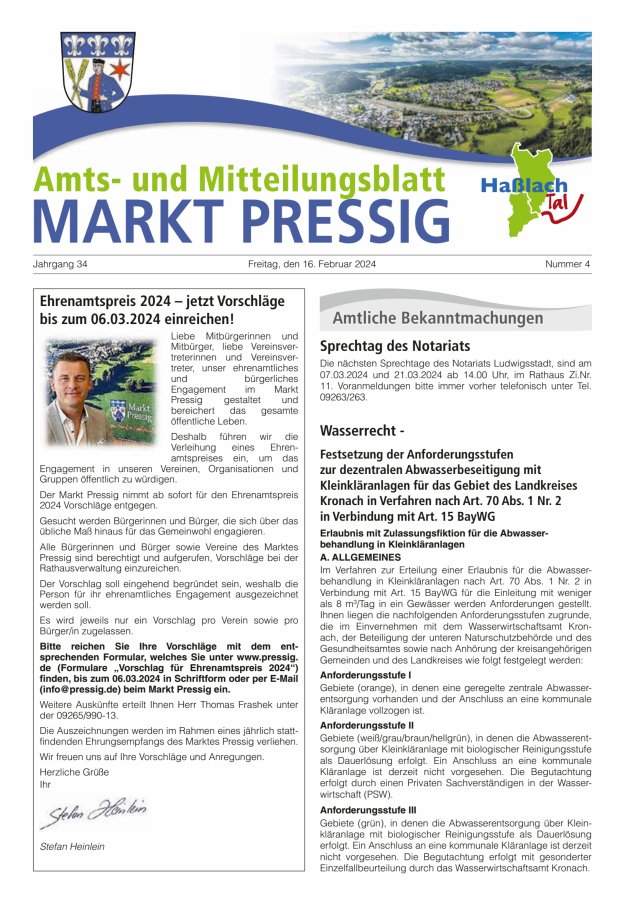 Amtsblatt für den Markt Pressig mit den Gemeindeteilen Titelblatt 04/2024