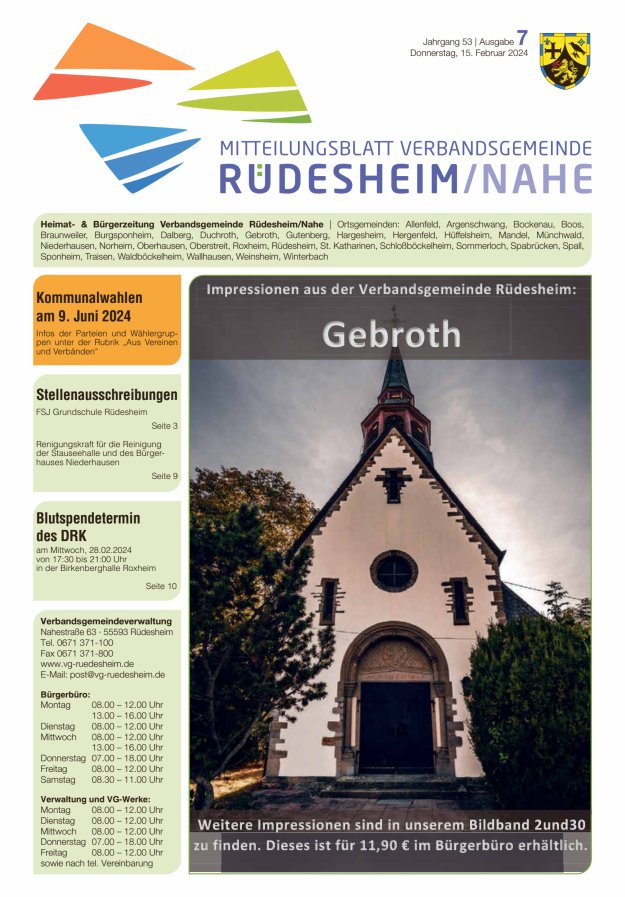 Mitteilungsblatt Verbandsgemeinde Rüdesheim und zugehörige Ortsgemeinden Titelblatt 07/2024