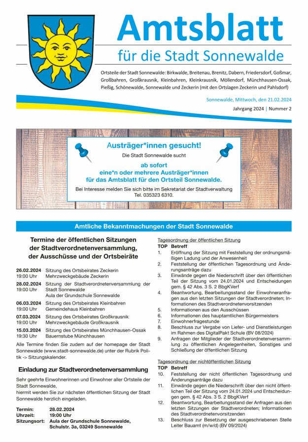 Amtsblatt für die Stadt Sonnewalde Titelblatt 02/2024