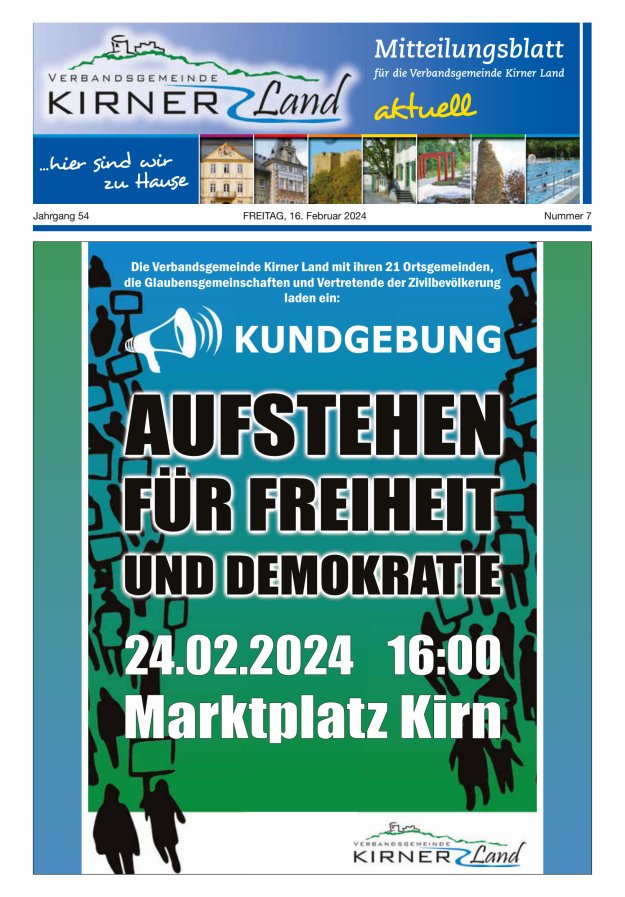Mitteilungsblatt für den Bereich der Verbandsgemeinde Kirner Land Titelblatt 07/2024