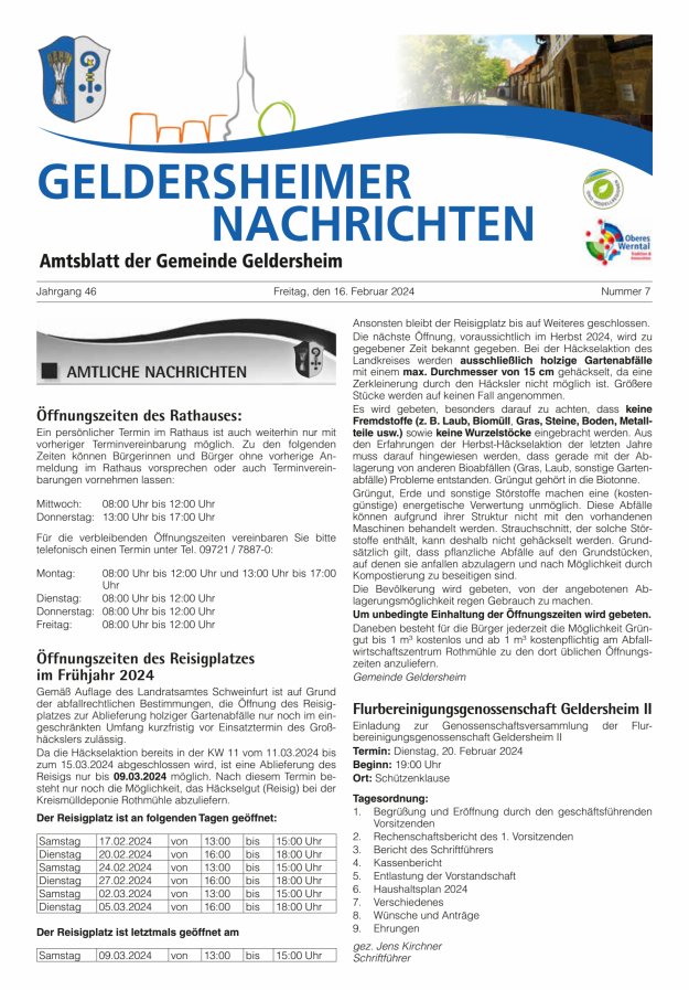 Geldersheimer Nachrichten Amtsblatt der Gemeinde Geldersheim Titelblatt 07/2024