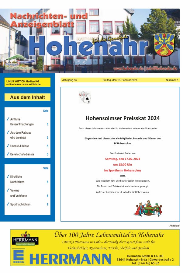 Nachrichten- und Anzeigenblatt für die Gemeinde Hohenahr Titelblatt 07/2024