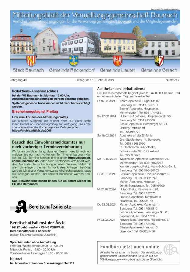 Mitteilungsblatt Verwaltungsgemeinschaft Baunach Titelblatt 07/2024