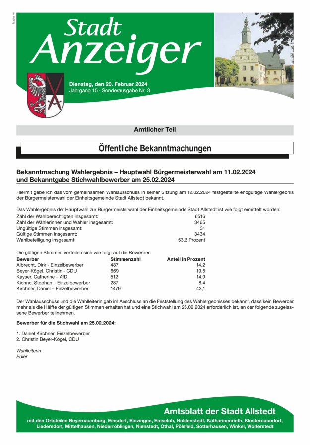 Stadtanzeiger Amtsblatt der Stadt Allstedt mit den Ortsteilen Titelblatt 03/2024
