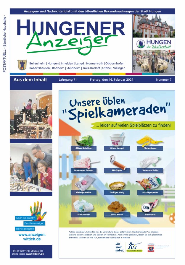 Anzeigen- und Nachrichtenblatt mit den öff  Bekanntmachungen der Stadt Hungen Titelblatt 07/2024