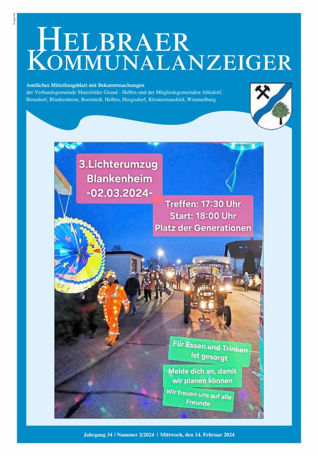 Helbraer Kommunalanzeiger – Amtliches Mitteilungsblatt mit Bekanntmachungen Titelblatt 02/2024
