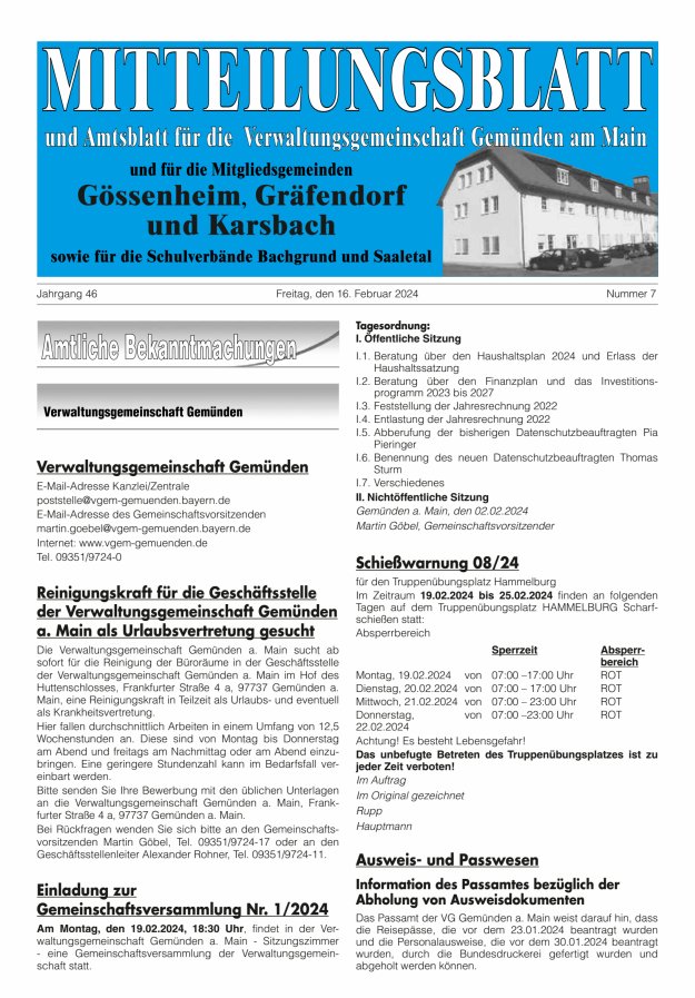 Mitteilungsblatt der VG Gemünden a Main Titelblatt 07/2024