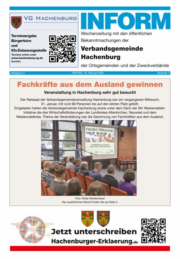 INFORM - Wochenzeitung der Verbandsgemeinde Hachenburg Titelblatt 07/2024