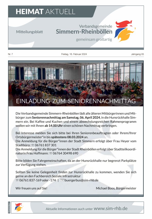 Heimat Aktuell Mitteilungsblatt der VG Simmern-Rheinböllen-Ausg Rheinböllen Titelblatt 07/2024