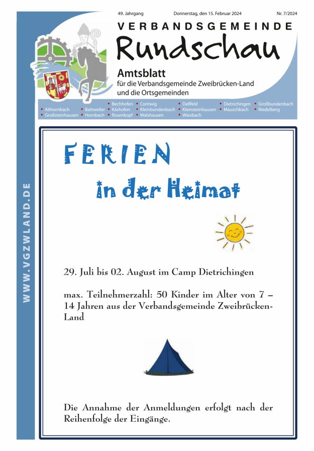Verbandsgemeinde Rundschau Zweibrücken-Land Titelblatt 07/2024