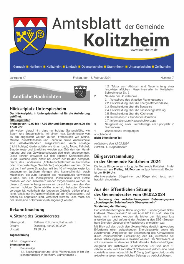 Amtsblatt der Gemeinde Kolitzheim Titelblatt 07/2024