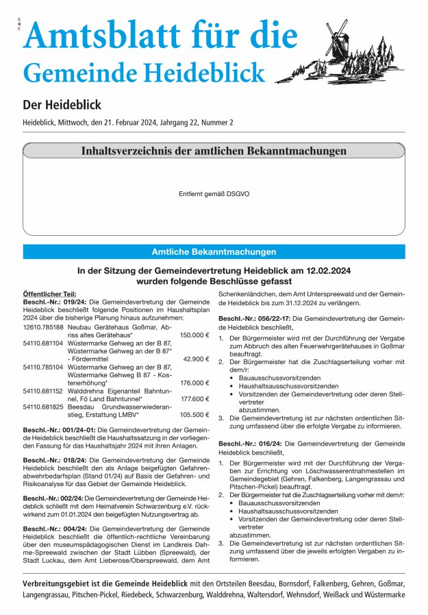 Amtsblatt für die Gemeinde Heideblick - Der Heideblick Titelblatt 02/2024