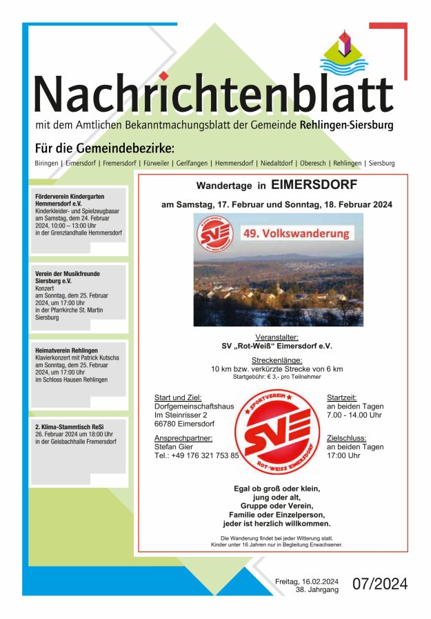 Nachrichtenblatt Rehlingen-Siersburg Titelblatt 07/2024