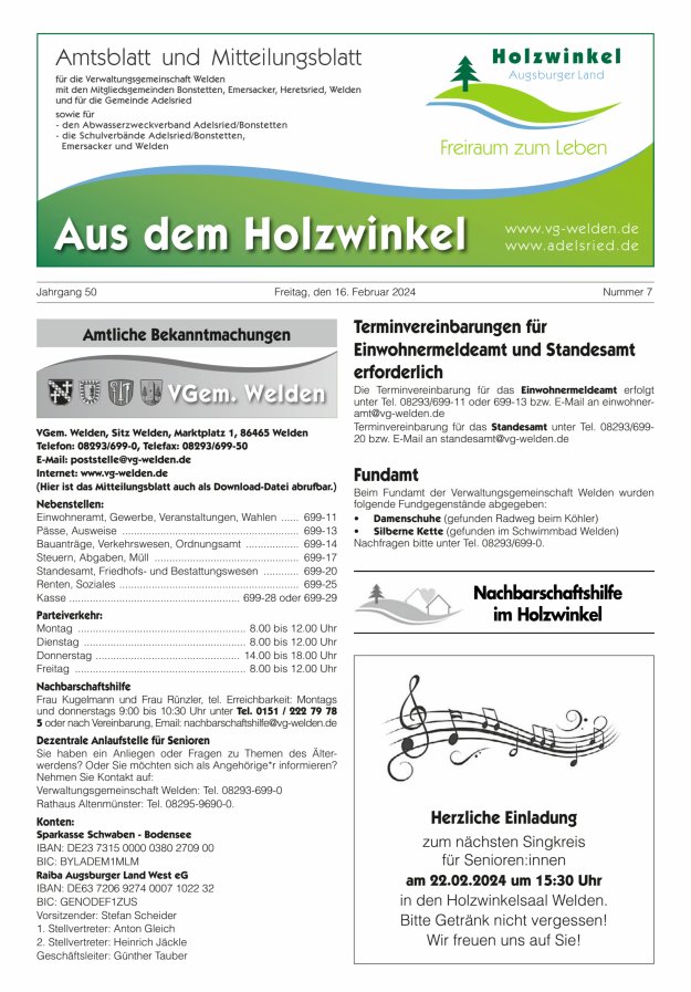 Aus dem Holzwinkel Amtsblatt u Mitteilungsblatt f VG Welden u GemAdelsried Titelblatt 07/2024