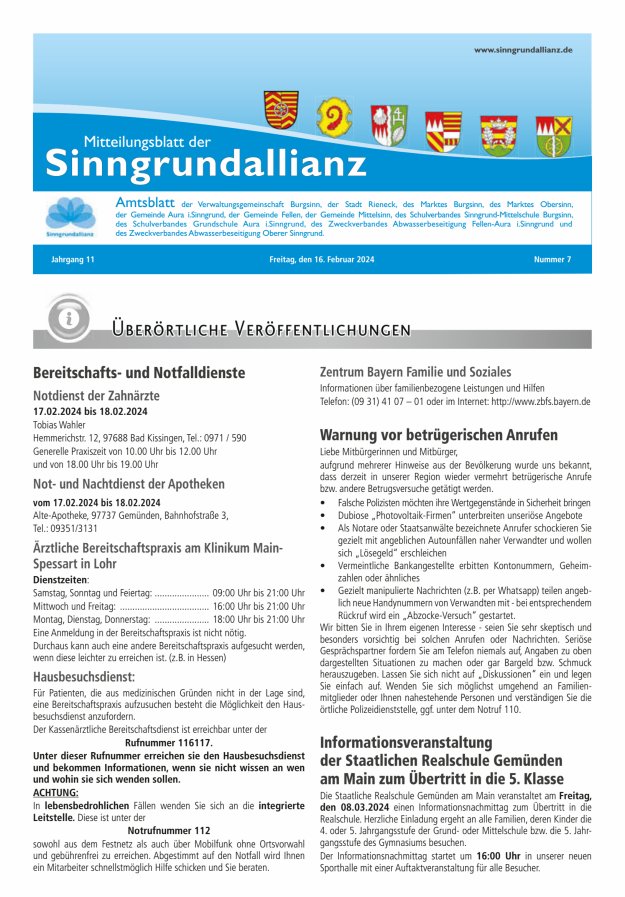 Mitteilungsblatt der Sinngrundallianz Titelblatt 07/2024