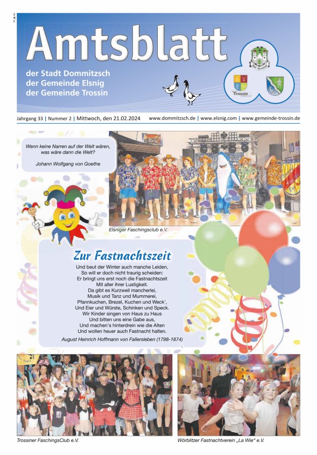 Dommitzsch Info - Amtsblatt der Stadt Dommitzsch der Gemeinden Elsnig und Trossin Titelblatt 02/2024