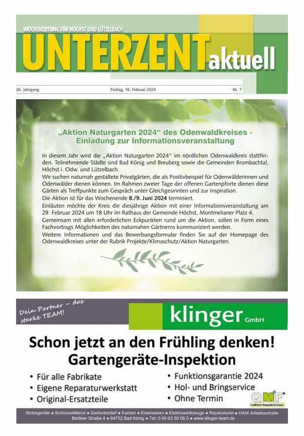 Unterzent aktuell Wochenzeitung für Höchst und Lützelbach Titelblatt 07/2024